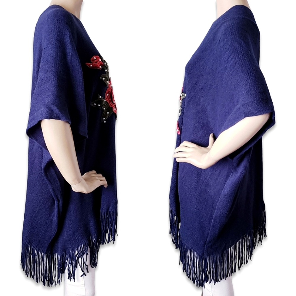 C-Mode Navy Blue Red Rose Embellished & Pearled Fringe Hem Poncho - Picture 4 of 8